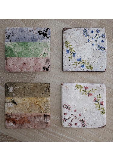 Çiçekli Desenler Doğal Taş Bardak Altlığı 4'lü Set - Natural Stone Coasters-174252 Çok Renkli