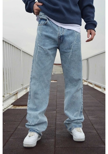 Erkek Şimşek Desenli Baggy Pantolon Buz Mavi