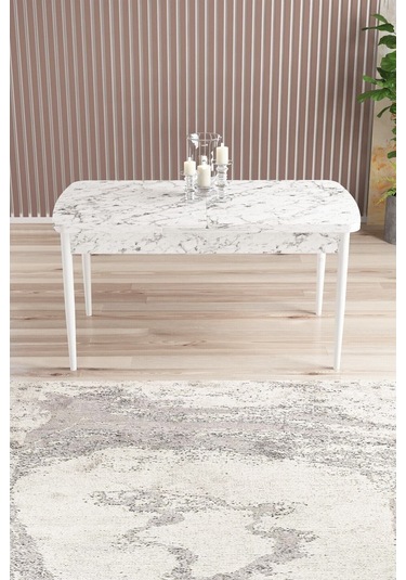 Mona Beyaz Mermer 80x132 Açılabilir Mdf Masa Yemek Odası Takımı, Mutfak Takımı 6 Adet Sandalye Beyaz Mermer - 6 Antrasit - Beyaz Ayak