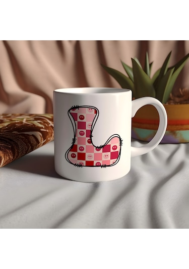 L Harfi Pembe Kareli Kalpli Göz Emojili Kupa Bardak Eğlenceli Kareli Tasarım Kahve Çay Kupası 07 Beyaz