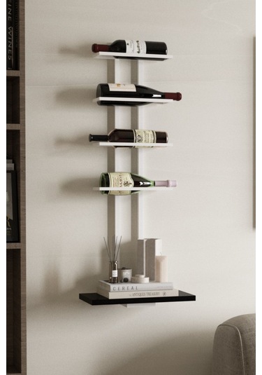 Aju Şaraplık Ve Kadeh Rafı Duvara Monte Şarap Mahzeni Modern Duvar Alkol Rafı - Metal Ve Ahşap Tasarım Beyaz