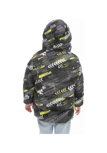 Erkek Çocuk Sarı Siyah Dijital Desen Içi Polar Su Ve Rüzgar Geçirmez Kapüşonlu Şişme Kışlık Mont Siyah - Sarı