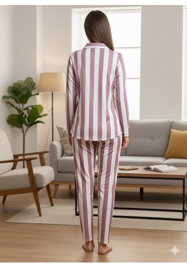 Kadın Düğmeli Pijama Takımı Mor