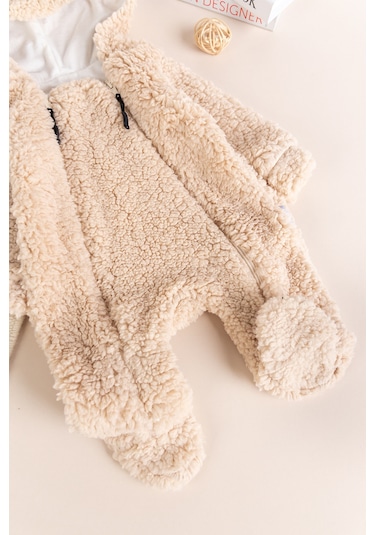 Kapüşonlu Ayıcık Fiğürlü Welsoft Peluş Kışlık Kız/erkek Bebek Tulum Bej