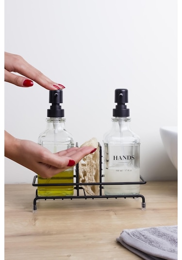 Okyanus Home Siyah Pompalı Ve Standlı İkili Kare Cam Sıvı Sabunluk 500ml
