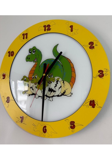 Çocuk Odası Duvar Saati - Epoksi Reçine Kaplamalı - Dinozor Ailesi - 40 Cm Ahşap