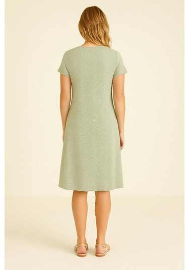 2 Adet Dökümlü Rahat Kalıp Günlük Penye Kumaş Elbise Kahverengi - Yeşil