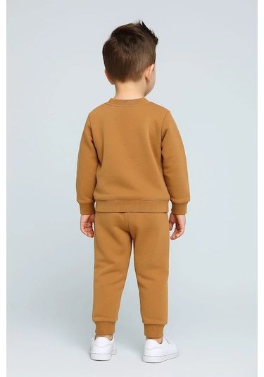 Erkek Çocuk Aslan Nakışlı 2 Li Takım Sweatshirt Ve Alt Eşofman %100 Pamuk Kahverengi