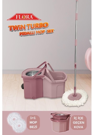 Twin Turbo Pedallı Çelik Mop Set, Temiz Ve Kirli Suyu Ayıran Otomatik Temizlik Seti 1+1 Mop Pembe