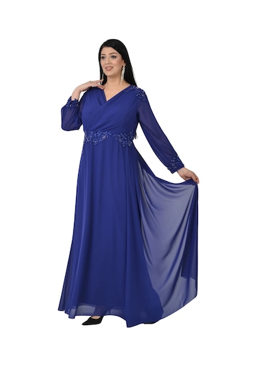 Lilas Xxl Kadın Büyük Beden Uzun Şifon Abiye Elbise 9573 Saks Saks Mavi