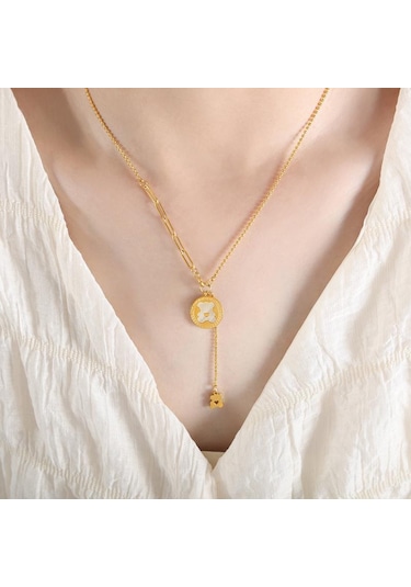 Japon Ve Kore Çizgi Film Ayı Altın Kaplama Püsküllü Kolye - Tatlı Titanyum Çelik Takı Altın Rengi