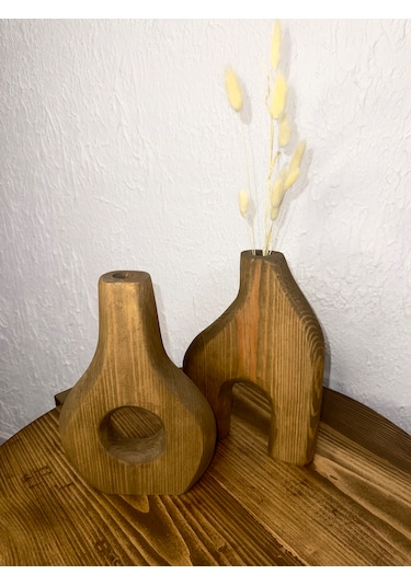 O&a Wood Doğal Ahşap Dekoratif Ikili Takım Biblo Vazo Koyu Meşe