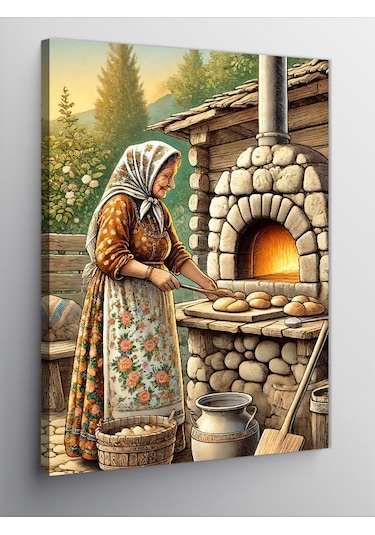 Kanvas Tablo Odun Fırını Ve Yaşlı Kadın 70cmx100cm