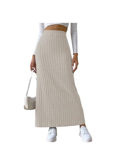 Kadın Nervürlü Örme Etek Yüksek Elastik Bel Yırtmaç Retro Uzun Etek Kayısı