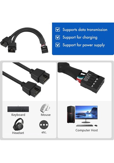 Usb Başlık Ayırıcı, 2 Adet Usb 2.0 9 Pinli Dişi - Çift 9 Pinli Erkek Uzatma Kablosu, Anakart 9 Pinli Usb2.0 Başlık Ayırıcı Naylon Örgülü