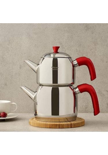 Hisar Optima Mars İndüksiyon Tabanlı Midi Çelik Çaydanlık Kırmızı Inox
