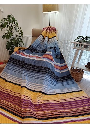 Çift Kişilik Pamuklu Battaniye 180 220 Cm Mavi-sarı Mavi - Sarı