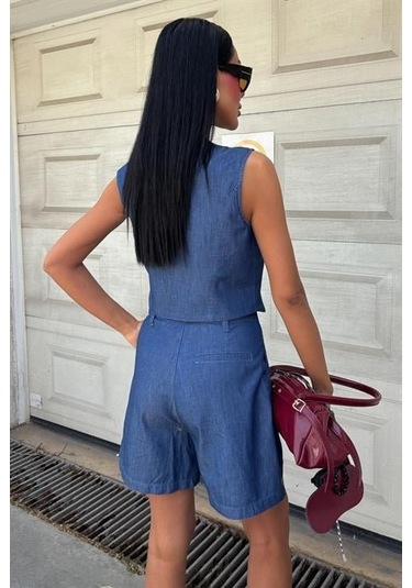 Gümüş Düğmeli Yelek Ve Şort Tensel Takım 10174 Koyumavi