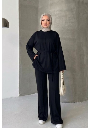 Thiff Tesettür Önü Bağlamalı Oversize Çimalı Modal Takım Siyah