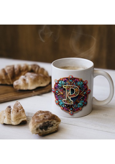 P Harfi Boho Bardak, Renkli Özel Tasarım Hediyelik Harfli Kupa, 330ml Porselen Beyaz