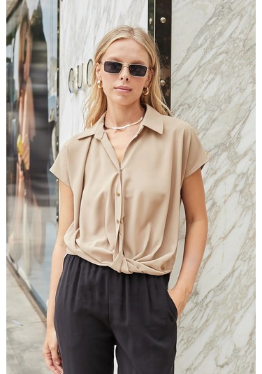 Likrasız Şık Kumaş Yakalı Düşük Omuzlu Önü Pileli Gömlek-vizon Vizon