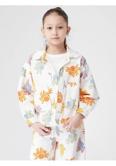 Kız Çocuk Çiçek Desenli Ceket-14029 Turuncu