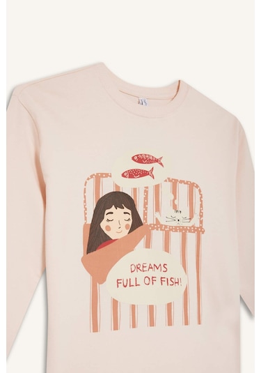 Defacto Kız Çocuk Pijama Takımı Baskılı Uzun Kollu Üst Çizgili Uzun Alt F6233a825wnpn70 Pembe