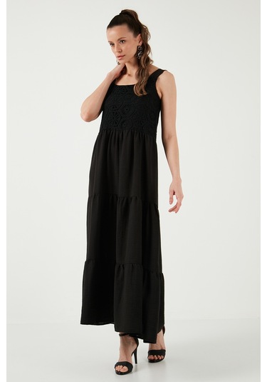 Lela Relaxed Fit Volanlı Uzun Bayan Elbise 611El010 Siyah