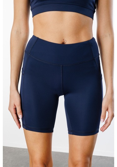 Yüksek Bel Toparlayıcı Çift Cepli Biker Şort Kısa Spor Tayt Kısa-tayt Lacivert