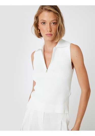 Koton Polo Yaka Kolsuz Triko Üst Yarım Fermuar Detaylı Fitilli Ekru 5wak30020ht