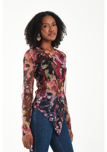 Yırtmaç Detaylı Tül Bluz Pembe