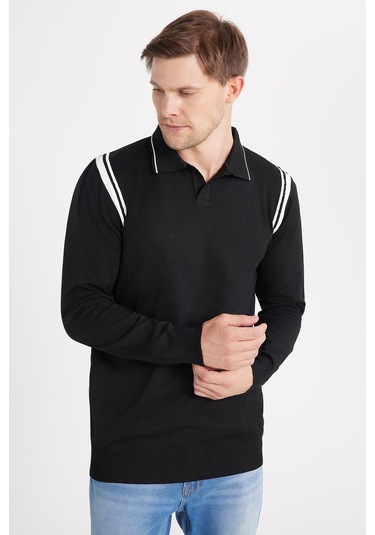 Erkek Slim Fit Dar Kesim Uzun Kol Polo Yaka Çizgili Siyah Kazak-35807 Siyah
