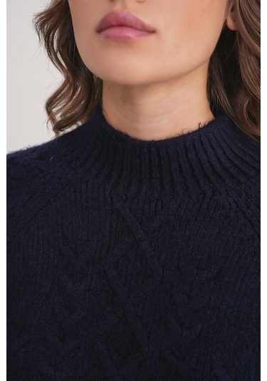 6855 Kadın Dik Yaka Saç Örgülü Triko Kazak Lacivert Lacivert
