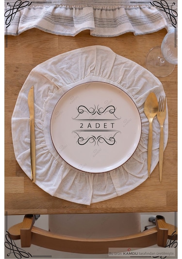 2 Adet - 40x40cm Daire Supla, Fırfırlı Amerikan Servisi, %100 Keten, Şık Tasarım Supla Bej