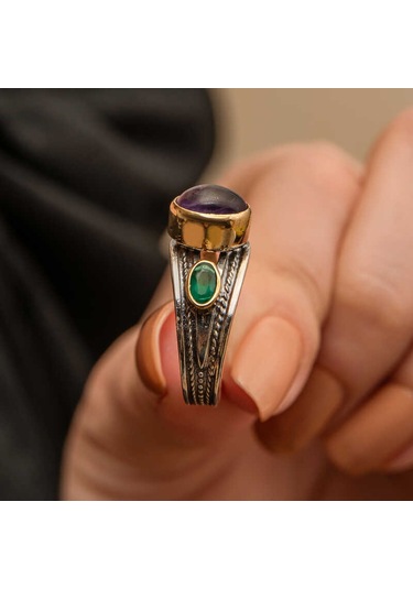 Blackcraft Gümüş Ametist Taşlı Zümrüt Otantik Ayarlanabilir Kadın Yüzük Bc-a62bb7 Renkli