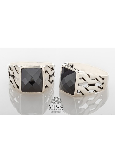 Gümüş Siyah Zirkon Taşlı Kare Model Erkek Yüzük