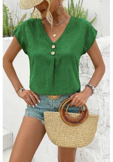 Reka Moda Kadın Kısa Kollu V Yakalı Düğmeli Keten Bluz Yeşil