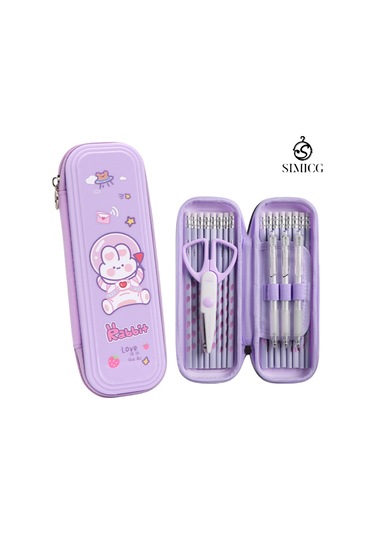 Karikatür Büyük Kapasiteli Su Geçirmez Çift Katmanlı Plastik Kalem Kutusu Mor