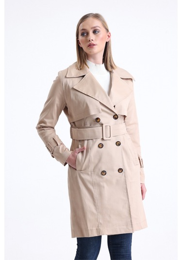 Pastelastore Esnek Pamuk Gabardin Midi 95cm Astarsız Kadın Trençkot 1118 Bej
