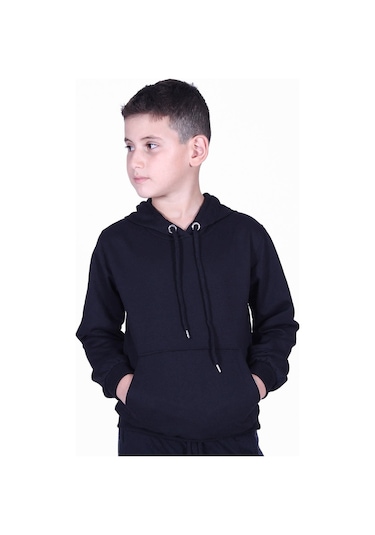 Fyk Kids Düz Kanguru Cepli Kapşonlu Sweatshirt Siyah
