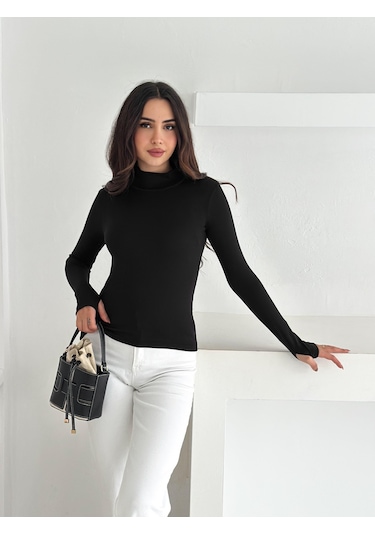 Kadın Yarım Balıkçı Yaka Parmak Geçmeli Full Likralı Buzz Body Siyah