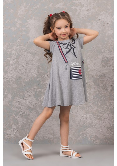 Gri Penye Desenli Kız Çocuk Elbisesi Gri