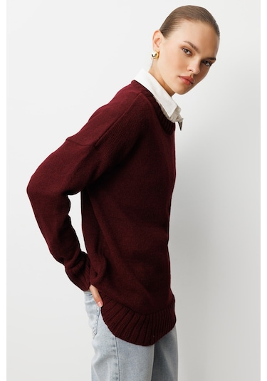 Mizalle Yuvarlak Yaka Oversize Bordo Triko Kazak Bordo