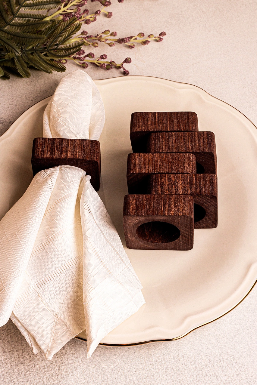 Snippy Tovy - 6'lı Ahşap Peçetelik Servis Peçete Halkası Kahverengi