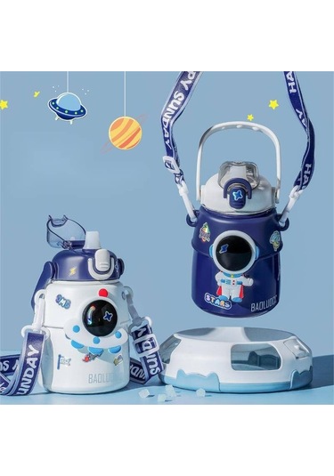 Lyon 850ml Astronot Karikatür Paslanmaz Çelik Taşınabilir Kayışlı Su Şişesi Çocuk Saman Izoleli Su Beyaz