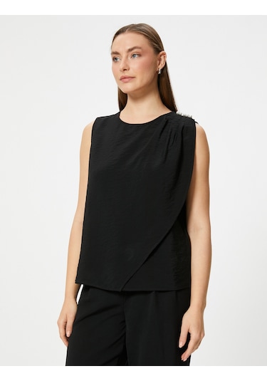 Koton Kolsuz Bluz İnci Detaylı Yuvarlak Yaka Viskon Kumaş Siyah 4sak60387uw Siyah