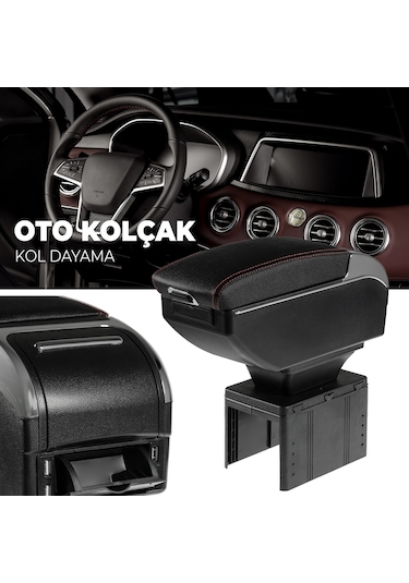 Oto Kolçak Sürgülü Ve Usb Şarj Girişli Tüm Araçlara Uyumlu Kol Dayama 7 Usb Girişli Kolçak Siyah