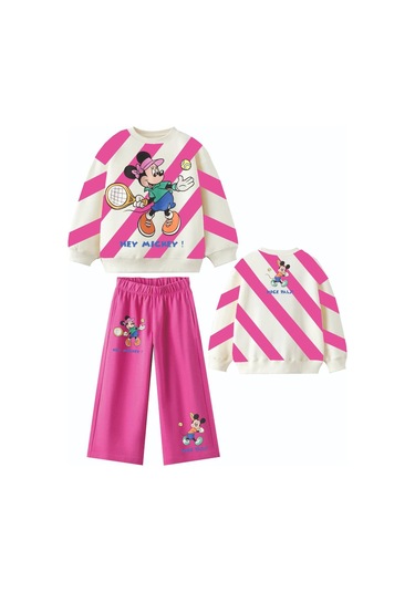 LolliboomkidsYeni Sezon Kız Çocuk Tenisçi Mickey Temalı 3 İplik Sweaat Bol Paça Eşofman Takımı Pembe