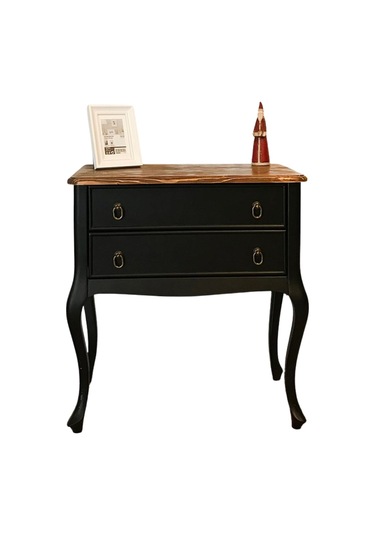 Roys Ahşap S3540 Siyah Üstü Ceviz Eskitme Çift Çekmeceli  Komodin