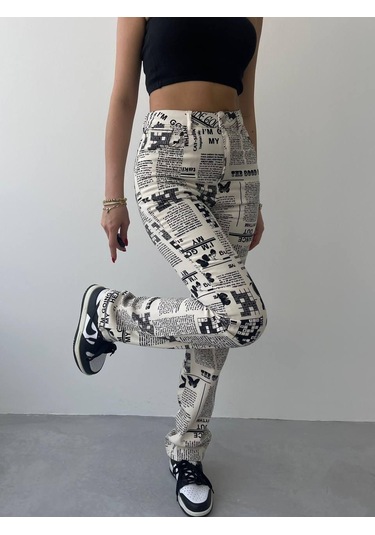 Gülsüm Aydın Novıne Gazete Desenli Pantolon Çok Renkli